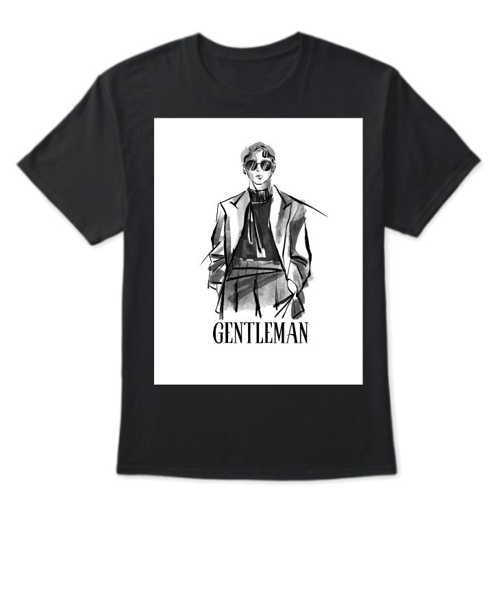 White Black Illustrated Brush Gentleman Half Sleeve T-Shirt - Front
